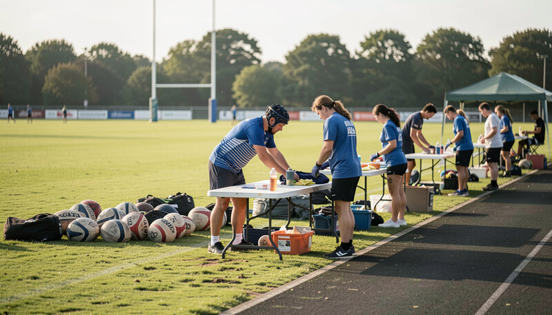 Bénévoles installant tables et matériel de rugby en bord de terrain d'un club local, gestes d'organisation et plots orange sous une lumière franche.