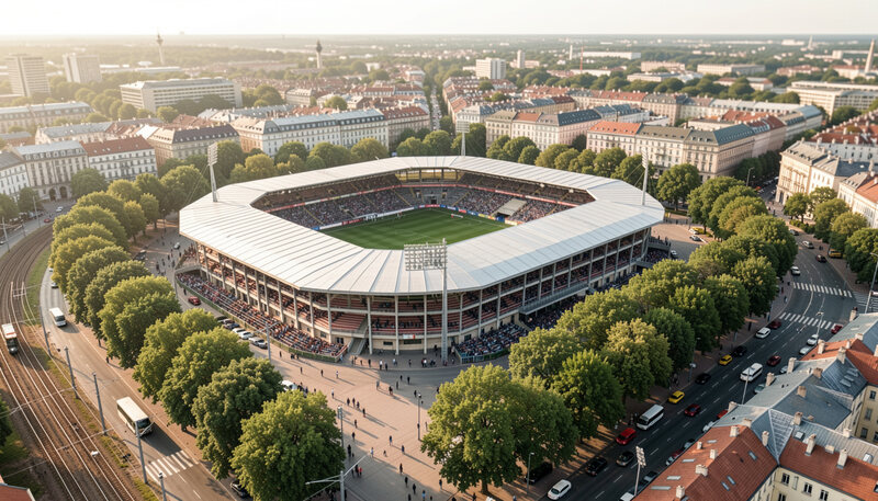 Vue aérienne du stade Chaban-Delmas un jour de match, toitures des tribunes ceintes d'arbres, rames de tramway et supporters convergeant vers les grilles.