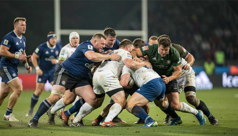 Joueurs engagés dans un maul tendu sous les projecteurs d'un stade lors d'un match de coupe d'Europe, peloton compact et lumière dure de nuit.