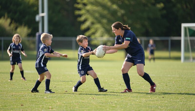 Jeunes enfants en tenue de rugby s'exerçant à la passe avec un éducateur sur une pelouse sécurisée, ballons mous et plots colorés au premier plan.