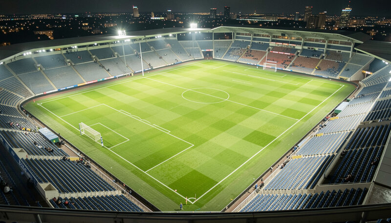 Vue en plongée d'un stade éclairé la nuit, pelouse verte damée au centre, gradins et lumières de la ville en arrière-plan.