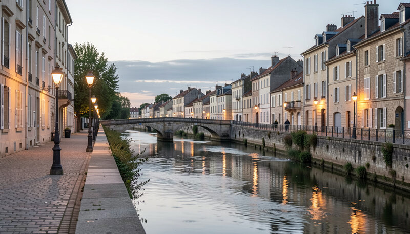 Quai bordé de façades au crépuscule, lampadaires allumés se reflétant sur l'eau du canal, ciel clair en arrière-plan.