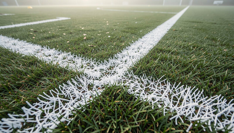 Plan rapproché sur l'herbe d'un terrain de jeu et ses lignes blanches fraîchement tracées, lumière rasante du matin.