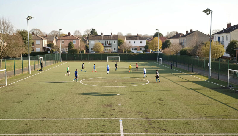 Jeunes joueurs à l'entraînement sur un terrain de banlieue, poteaux de but et pavillons en arrière-plan sous une lumière claire.