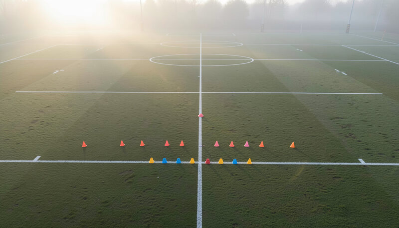 Terrain de rugby communal au matin, poteaux de but et gradins vides, piste cyclable et feuillage en arrière-plan sous une lumière claire.