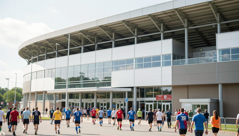 Parvis d'un stade moderne en milieu de journée, supporters marchant vers les portes d'entrée, verrière et poteaux de but en arrière-plan.