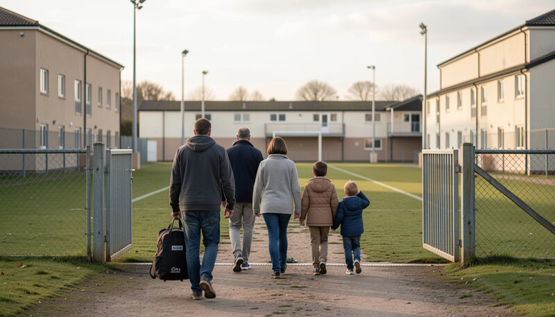 Parents et enfants échangeant avec un éducateur de rugby au bord d'un terrain d'entraînement, ballons posés au sol et lumière douce du matin.