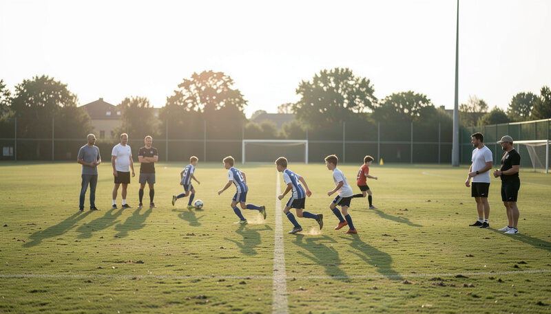 Adolescents en tenue de sport sprintant lors d'une évaluation physique sur un terrain d'entraînement, éducateur chronomètre en main en arrière-plan.