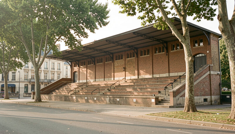 Tribune couverte en brique d'un stade de quartier entre les arbres, gradins et toiture métallique, rue au premier plan en lumière du matin.