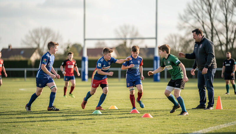 Jeunes joueurs à l'entraînement sur un terrain en herbe de Gironde, plots au sol et éducateurs guidant un exercice de passe sous la lumière du soir.
